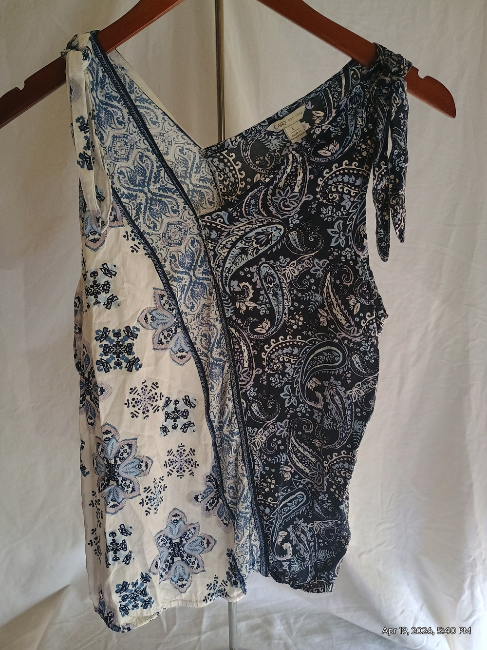 Cato Blue & White Paisley Floral Sleeveless Tie-Shoulder Blouse